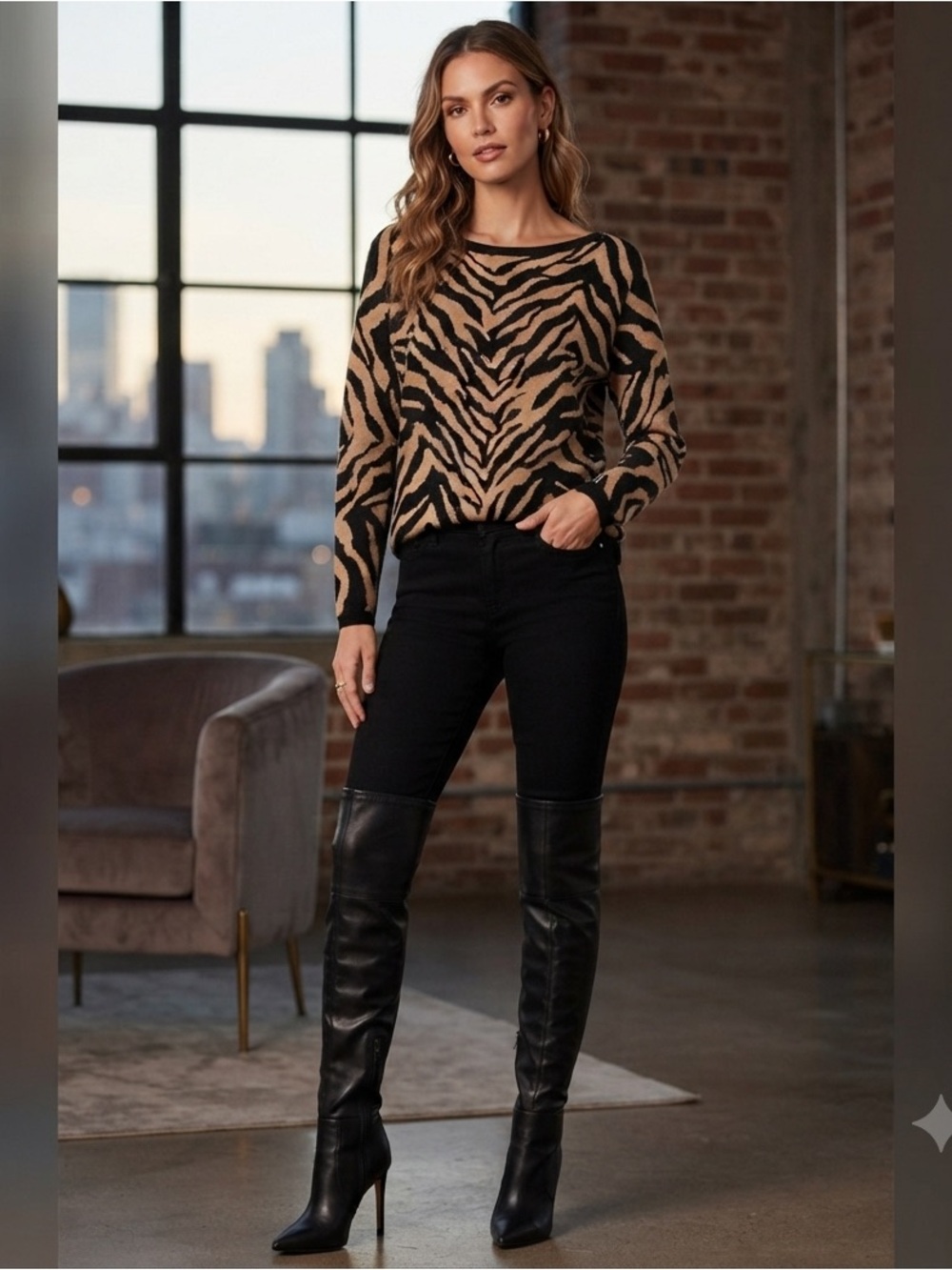 CAbi Black and Taupe Zebra-Print Crewneck Sweater